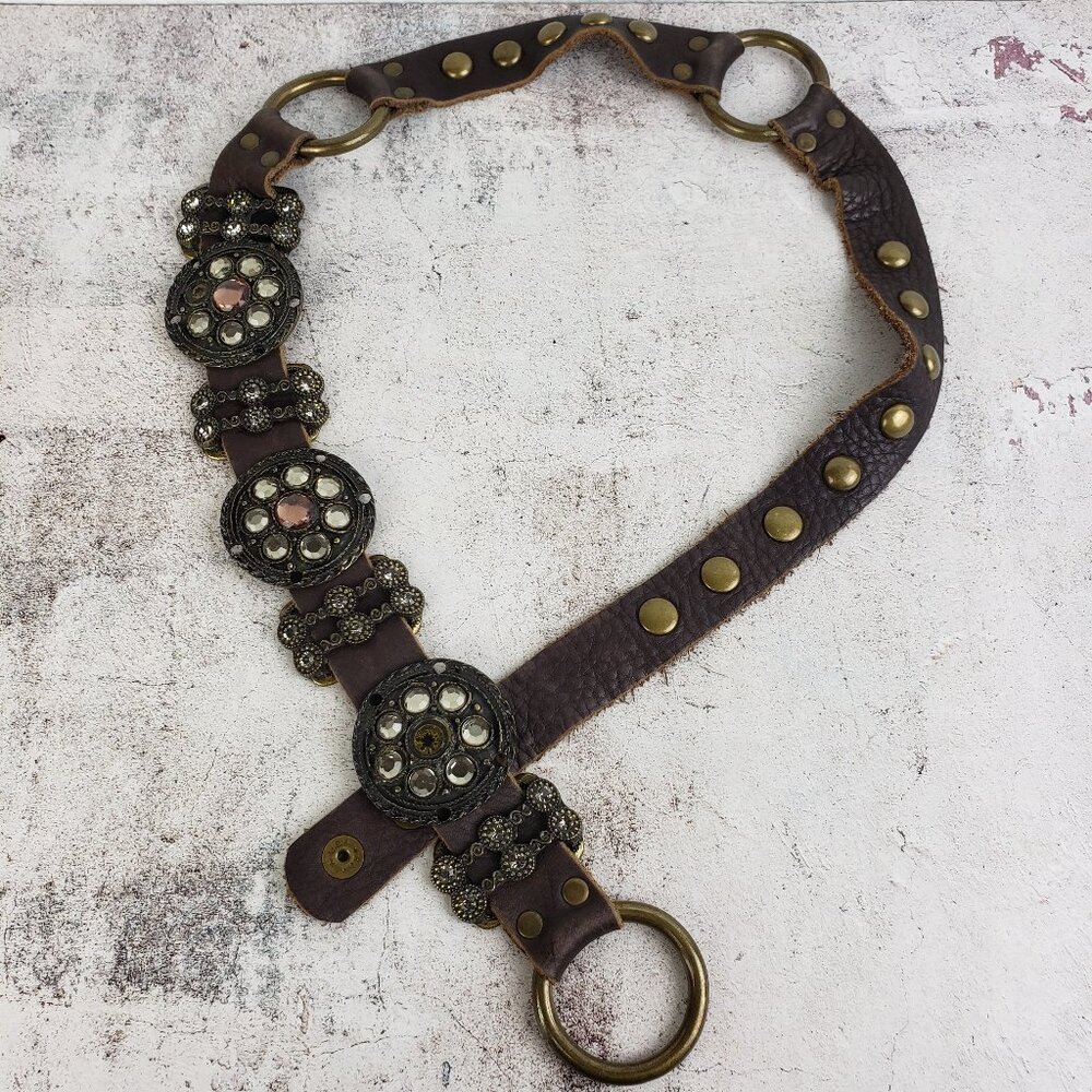Vintage Leather Belt Bohemian Conchos Buckles Western Crystal Rhinestones Hippie